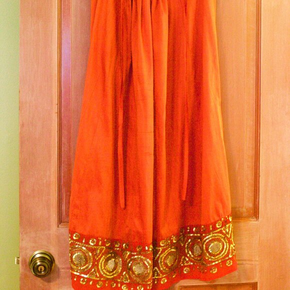 Jade Silk with Beaded Trim Drawstring Maxi Skirt - Picture 1 of 8